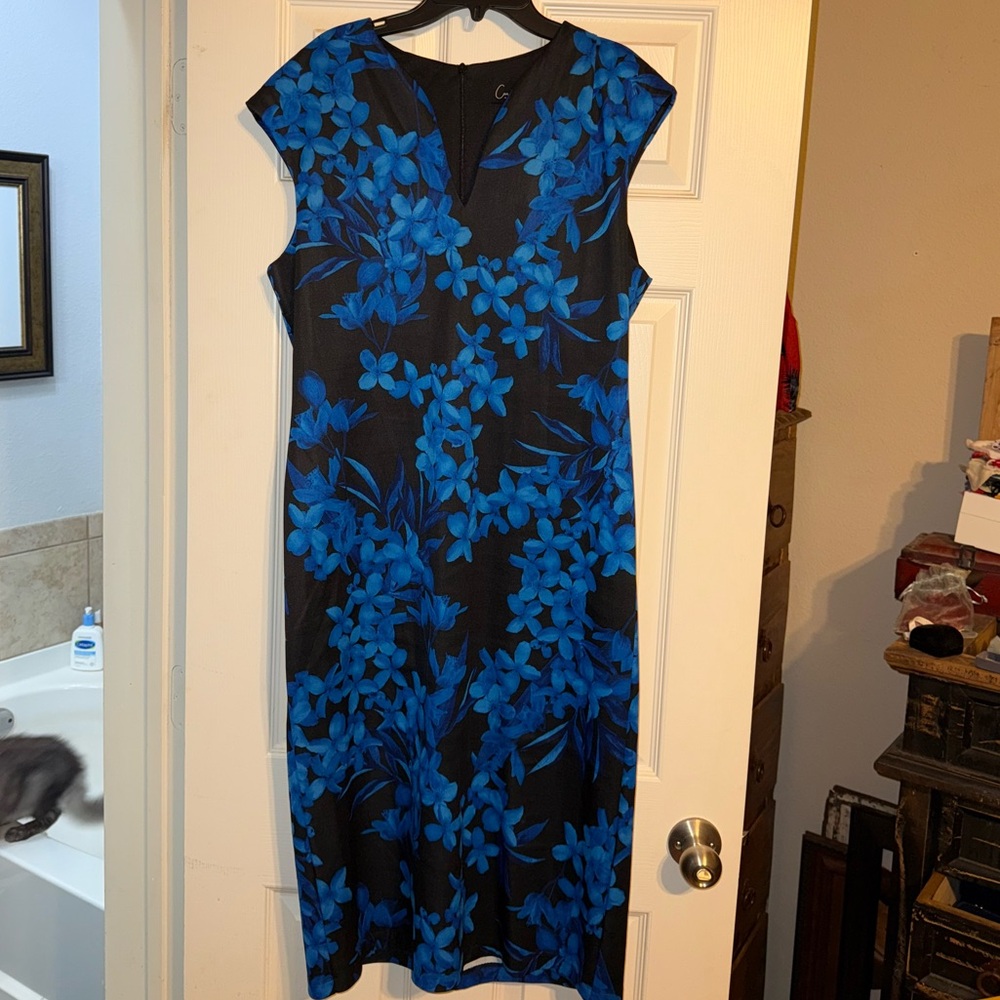 Connected Apparel Black and Blue Floral Midi Dress